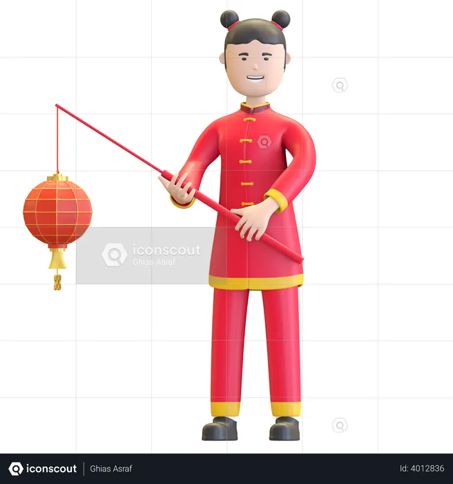 Chinese girl holding lantern  3D Illustration