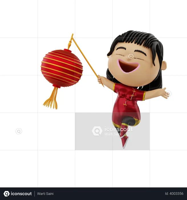 Chinese Girl holding lantern  3D Illustration