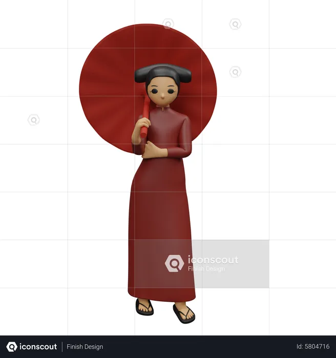 Chinese girl holding umbrella and giving standing pose  3D Illustration