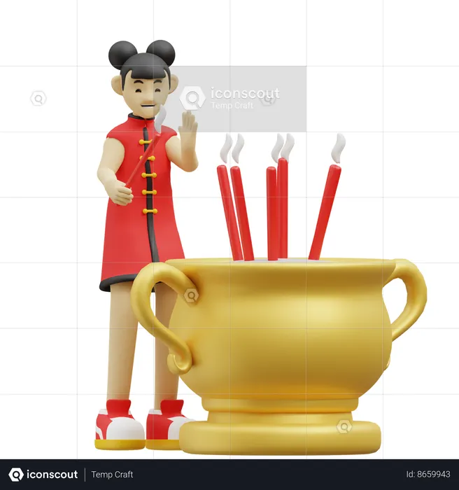 Chinese Girl Is Standing Near Incense Sticks  3D Illustration