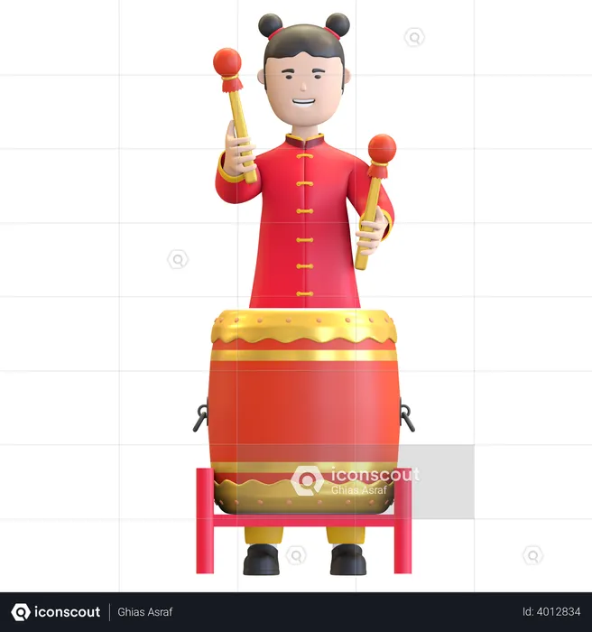 Chinese Girl playing traditional percussion drum  3D Illustration