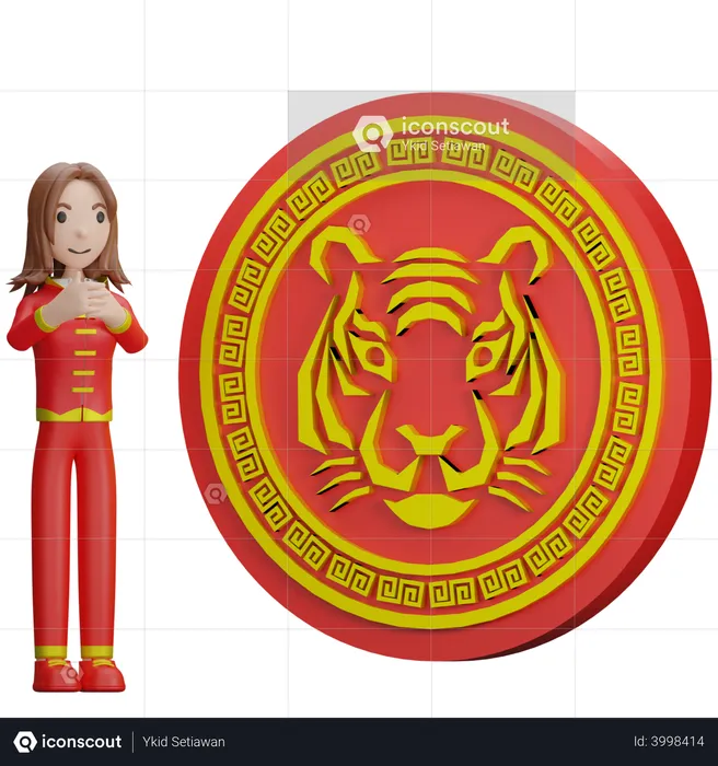 Chinese Girl praying tiger coin  3D Illustration