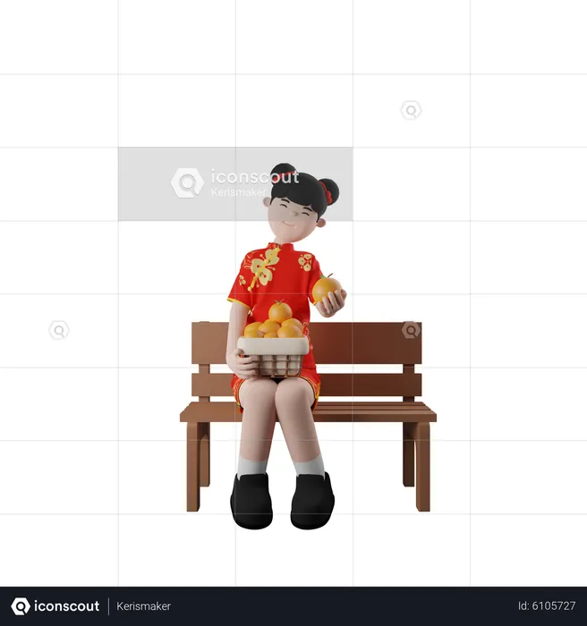 Chinese Girl Sitting With Orange Bucket  3D Illustration