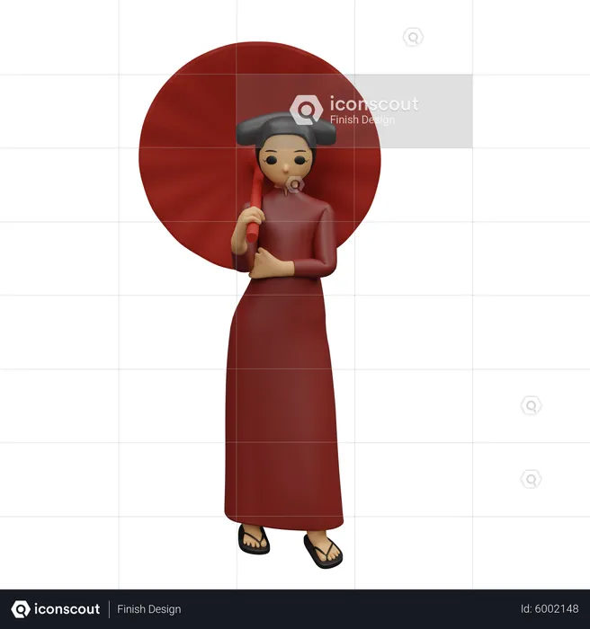 Chinese girl standing while holding umbrella  3D Illustration