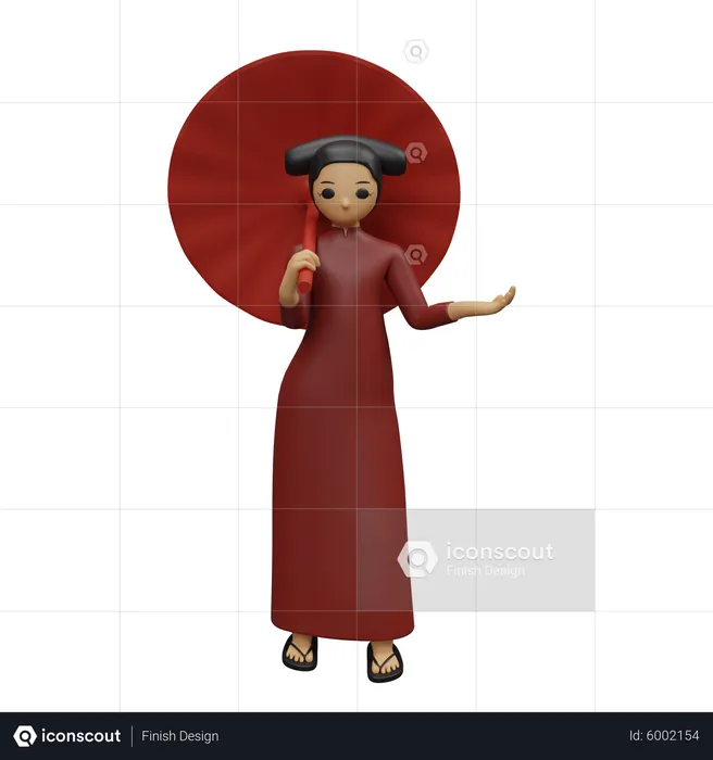 Chinese girl standing with chinese umbrella and showing something at right side  3D Illustration