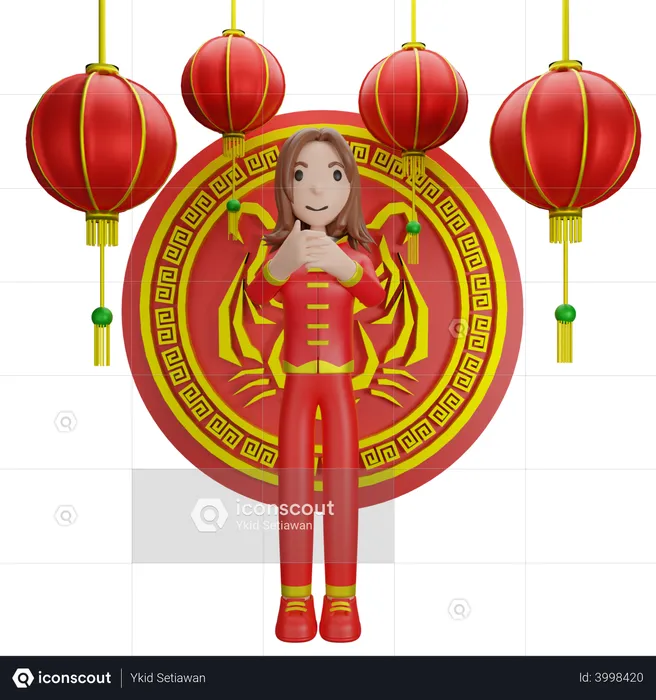 Chinese Girl with Chinese coin  3D Illustration
