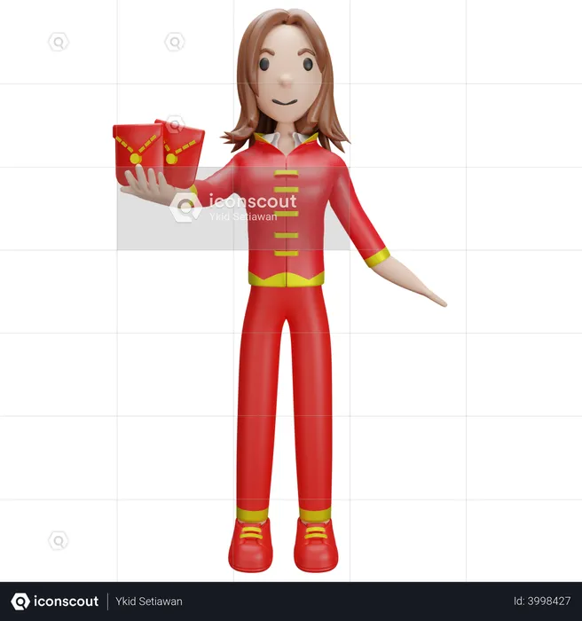 Chinese Girl with Chinese envelope  3D Illustration
