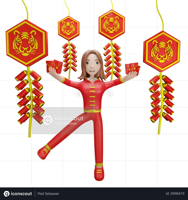 Chinese Girl with Chinese firecracker  3D Illustration