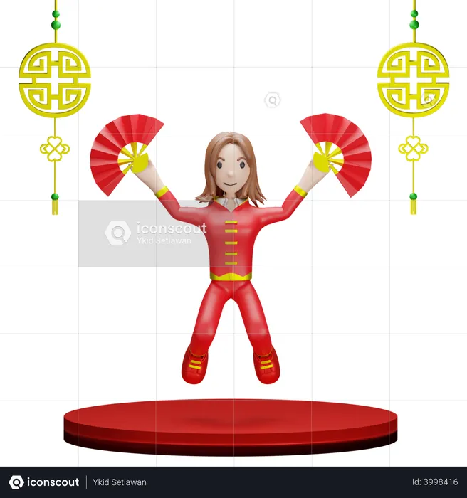 Chinese Girl with Chinese hand fan  3D Illustration