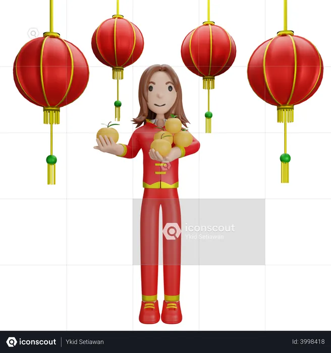 Chinese Girl with Chinese lantern  3D Illustration
