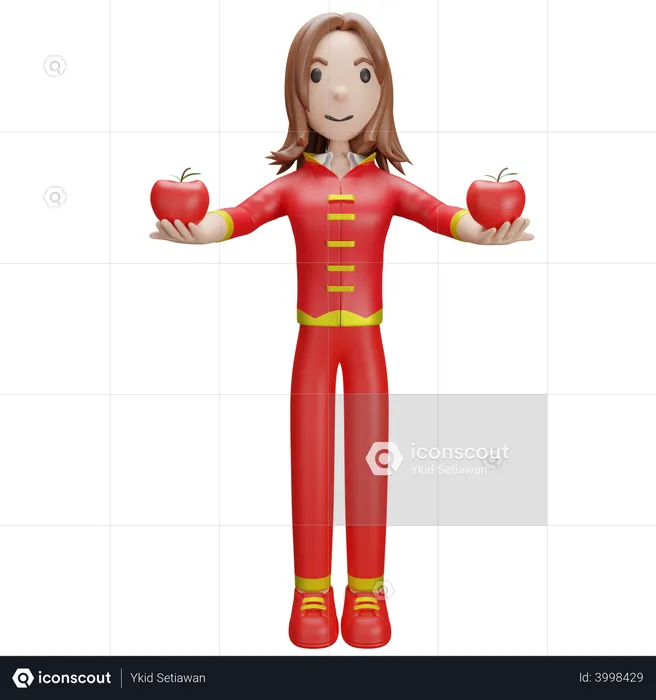 Chinese Girl with Chinese Peach  3D Illustration