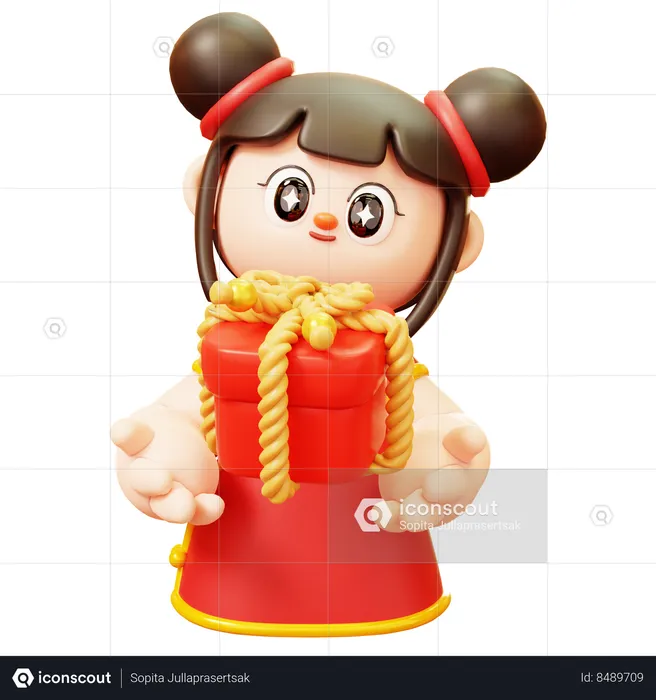 Chinese Girl With Gift Box  3D Illustration