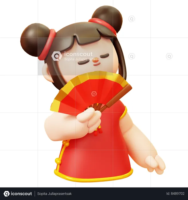 Chinese Girl With Paper Fan  3D Illustration