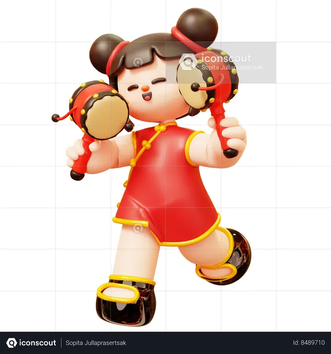Chinese Girl With Rattle Drum  3D Illustration