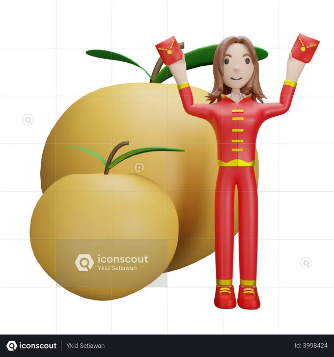 Chinese Girl with Tangerine  3D Illustration