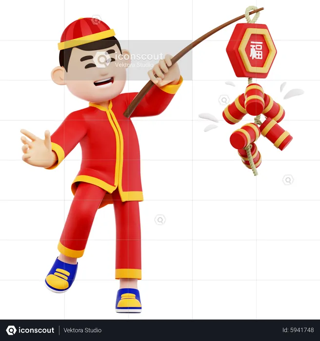 Chinese Guy Playing Firebomb  3D Illustration