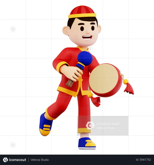 Chinese Guy Playing Traditional Music Instrument  3D Illustration