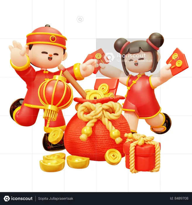 Chinese Kids Celebrating Lunar Festival  3D Illustration