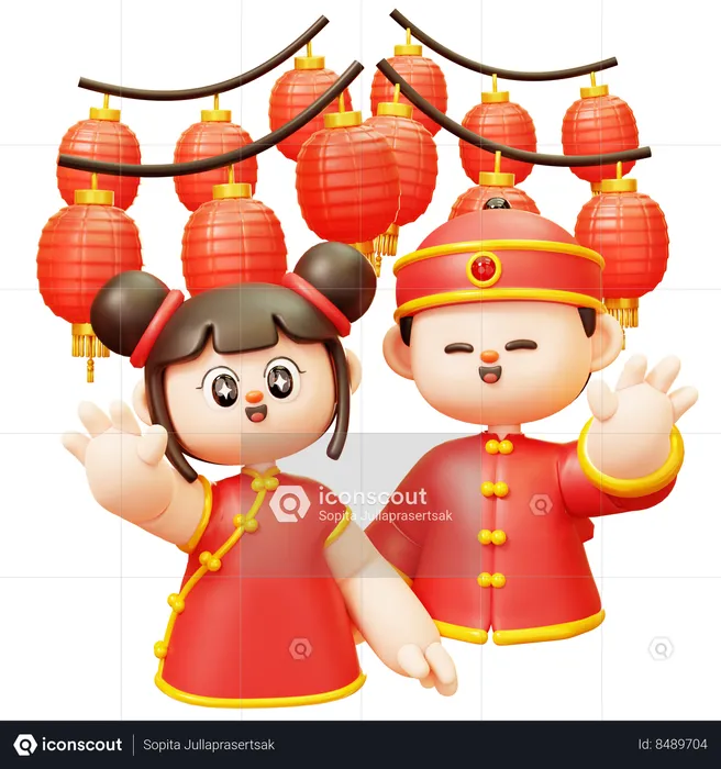 Chinese Kids Greeting Front Of Lanterns  3D Illustration