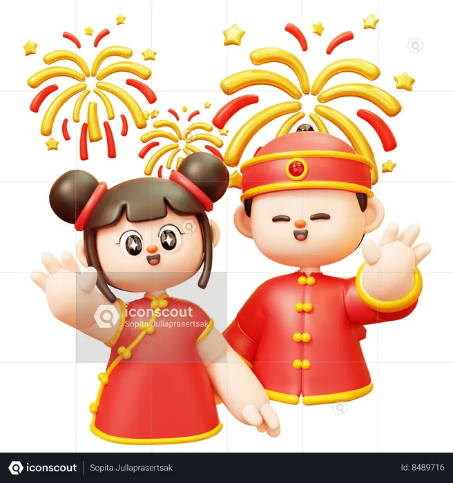 Chinese Kids Greeting With Fireworks  3D Illustration