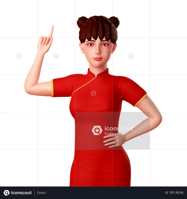 Chinese lady Pointing up with Her Right Hand  3D Illustration