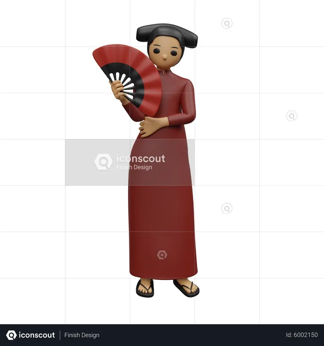 Chinese lady standing and holding chinese fan  3D Illustration