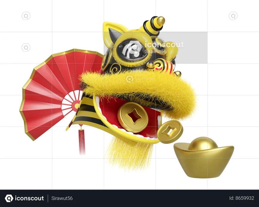 Chinese Lion With Hand Fan And Gold Coins And Ingots  3D Illustration