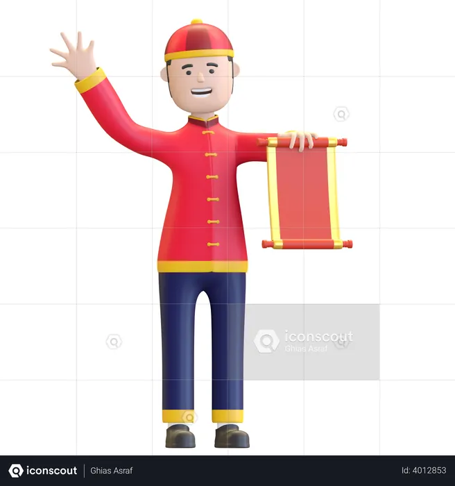 Chinese Man holding Chinese scroll letter  3D Illustration