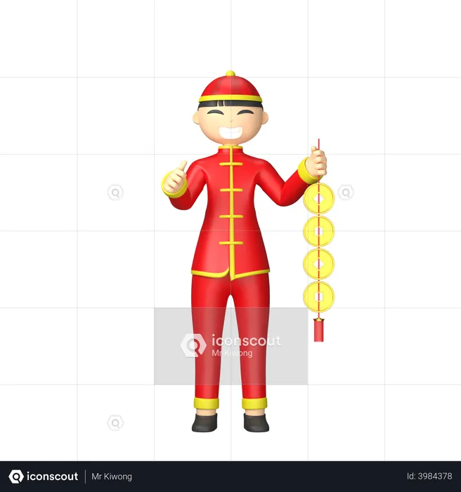 Chinese man holding chinese coin thread  3D Illustration