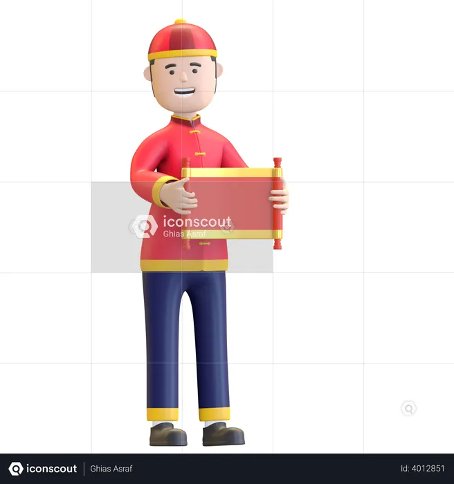 Chinese Man holding hand scroll paper  3D Illustration
