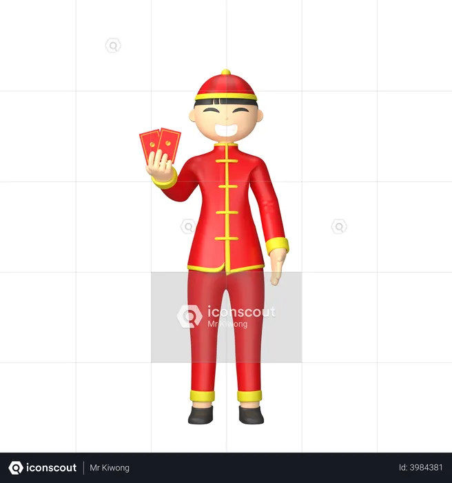 Chinese man holding red cards  3D Illustration