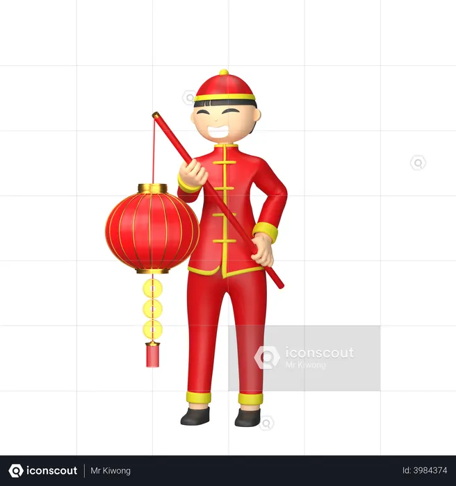 Chinese man holding red lantern  3D Illustration