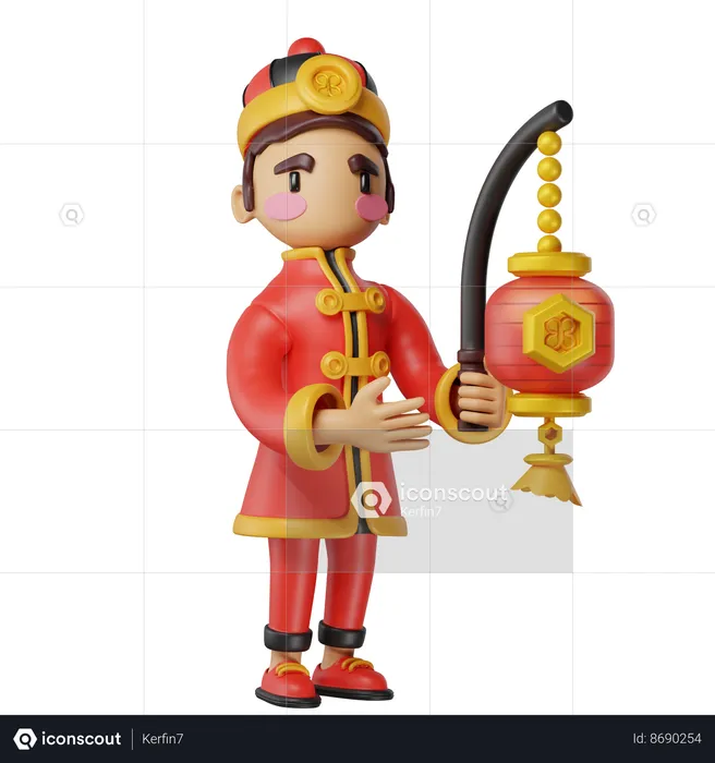 Chinese Man Is Holding Red Lantern  3D Illustration