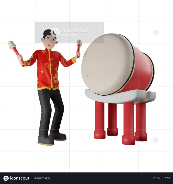 Chinese Man Playing Gong  3D Illustration