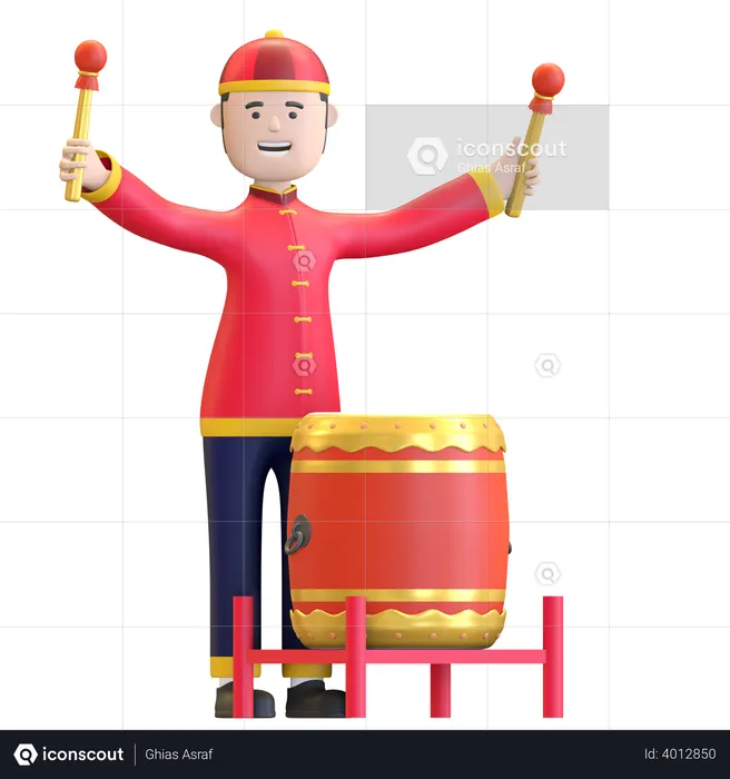 Chinese Man playing traditional percussion drum  3D Illustration
