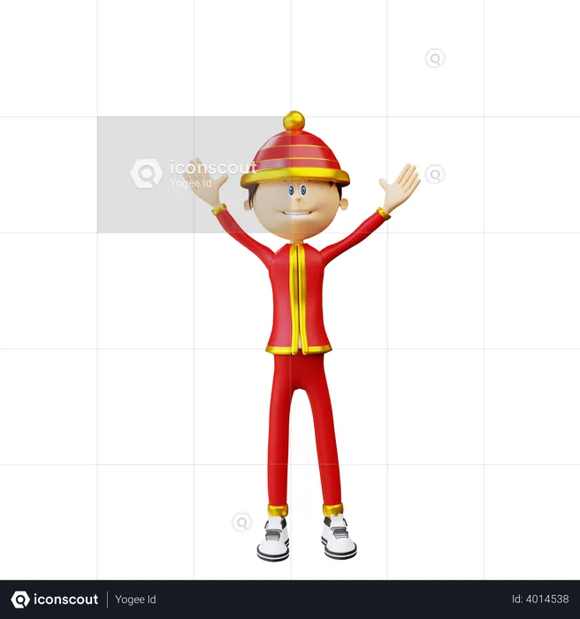 Chinese man raising both hands  3D Illustration