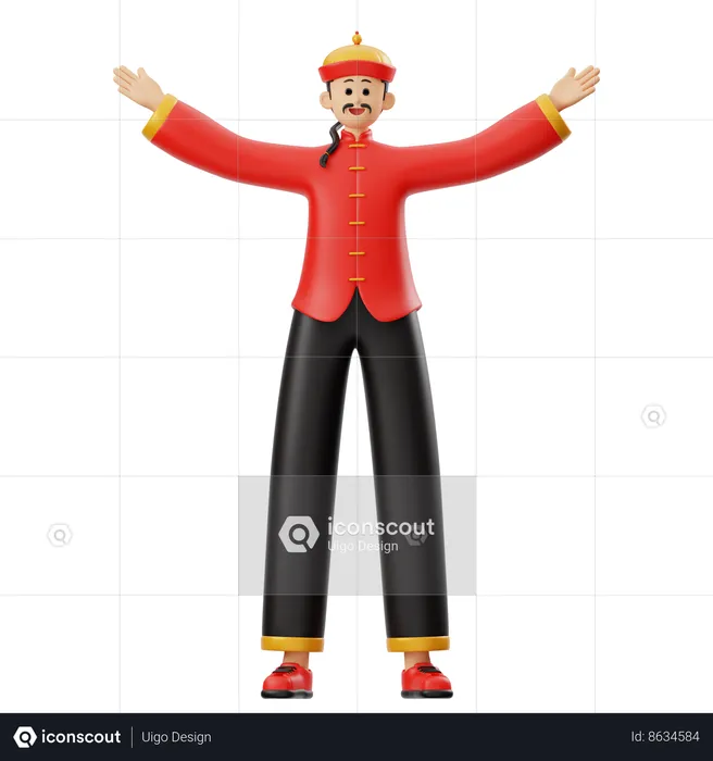 Chinese Man Standing With Open Arms  3D Illustration