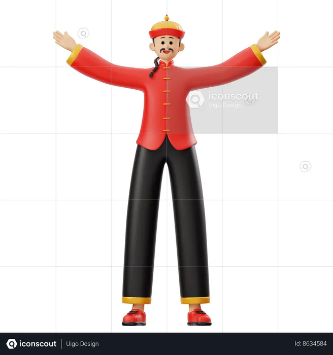 Chinese Man Standing With Open Arms  3D Illustration