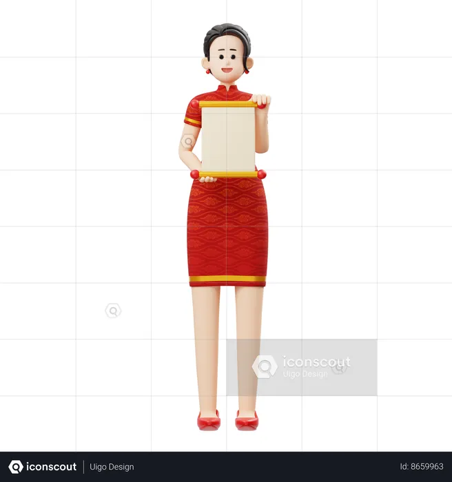 Chinese New Year Woman Is Holding Roll Paper  3D Illustration