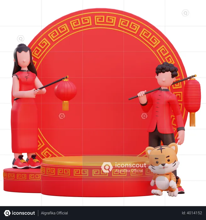 Chinese people doing new year decoration  3D Illustration