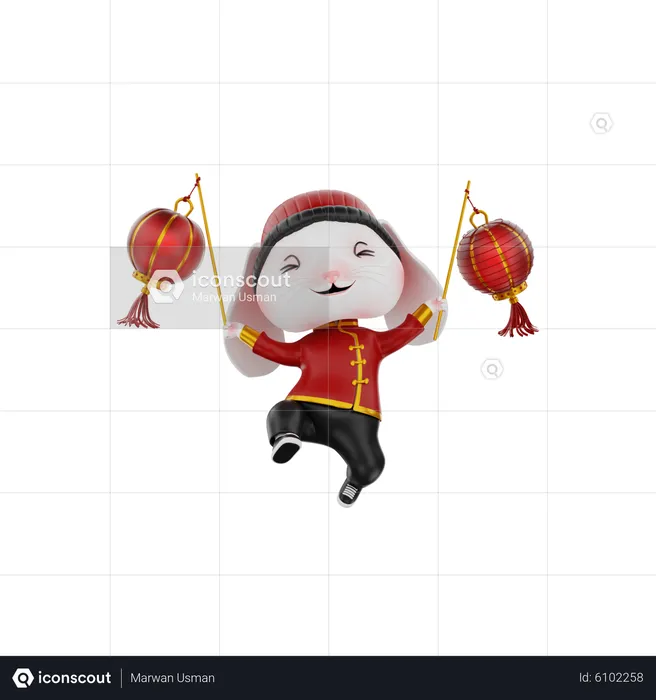 Chinese Rabbit Bring Lantern  3D Illustration