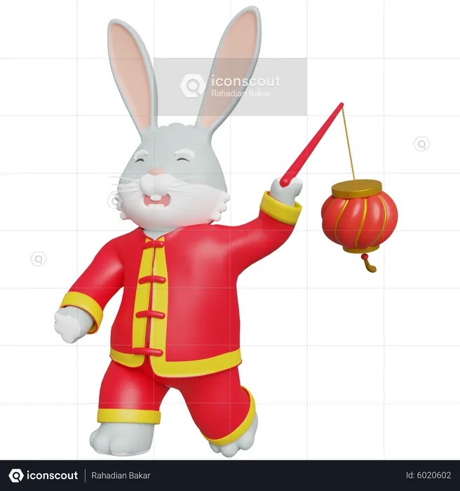 Chinese Rabbit Bring Lantern  3D Illustration