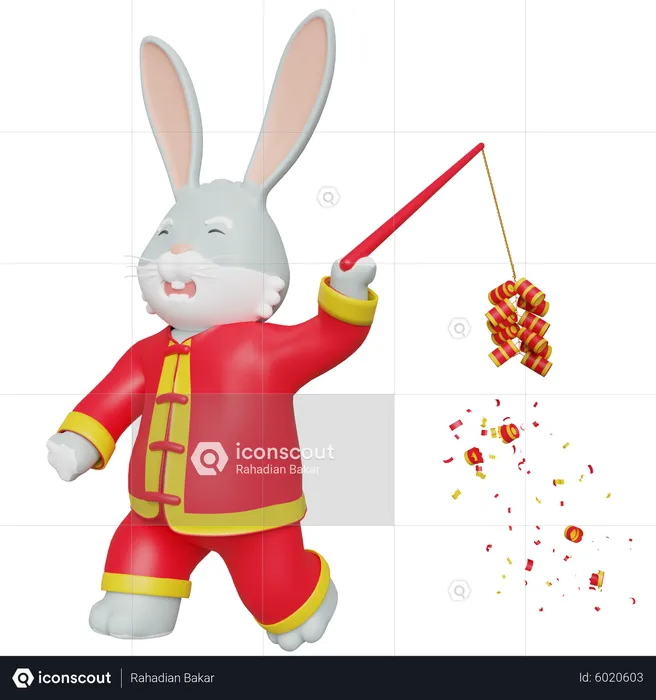 Chinese Rabbit Brings Chinese Crackers  3D Illustration
