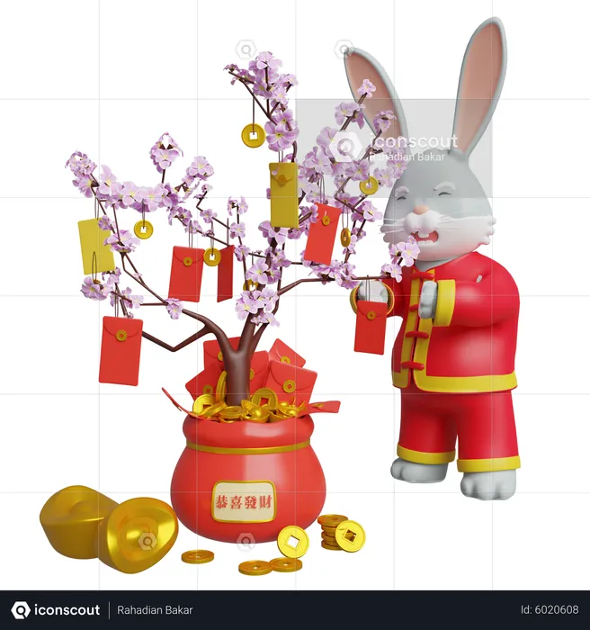 Chinese Rabbit Decorate Sakura Tree Using Envelope  3D Illustration
