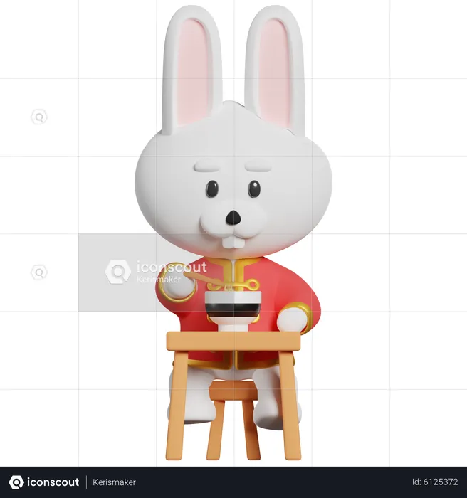 Chinese Rabbit Eating Noodle  3D Illustration