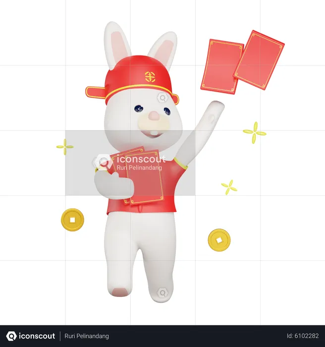 Chinese rabbit giving red packets  3D Illustration