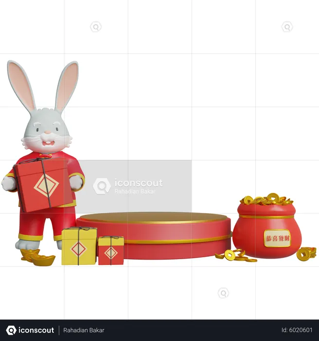 Chinese Rabbit Holding Gift And Doing Podium Decoration  3D Illustration