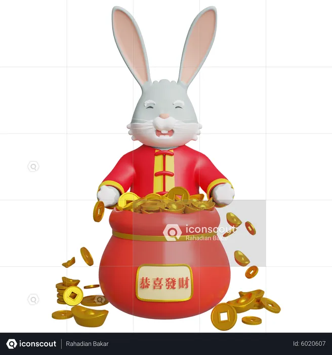 Chinese Rabbit Holding Gold Money  3D Illustration