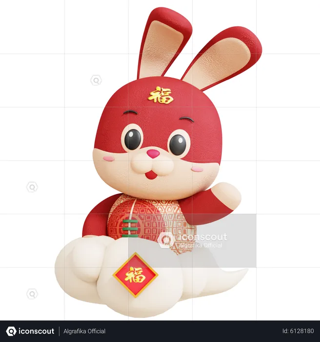 Chinese Rabbit Riding Cloud  3D Illustration
