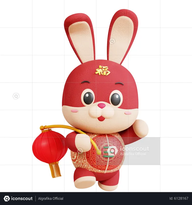 Chinese Rabbit With Chinese Lantern  3D Illustration